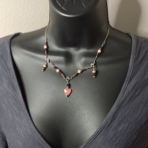 Vintage Metal Glass And Stone Heart Necklace 16 1/4 Inches Long